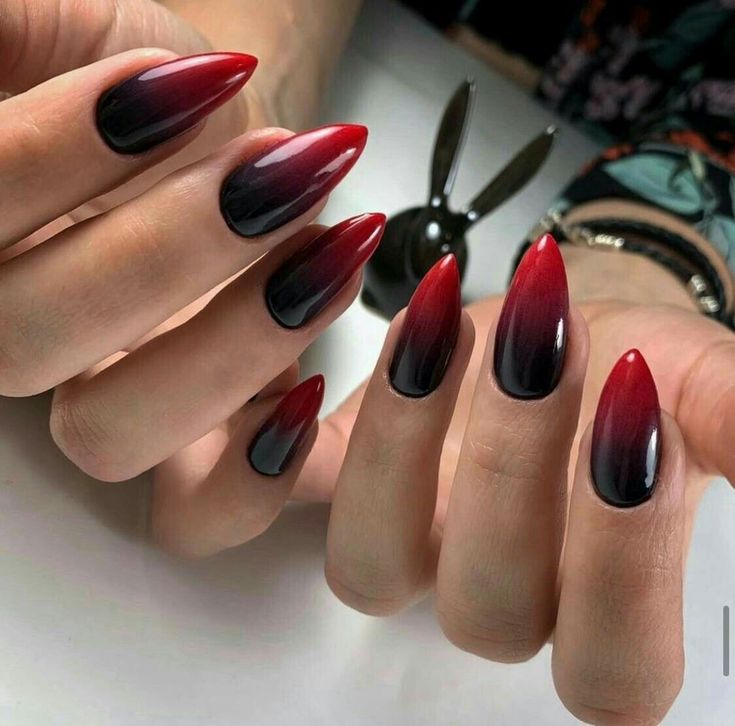 Unique Acrylic Nails Black, Vampy Nails Almond, Bruja Nails, Devil Nails Designs, Goth Gel Nails, Devil Nails, Vampy Nails, Burgundy Acrylic Nails, Burgundy Nail Designs