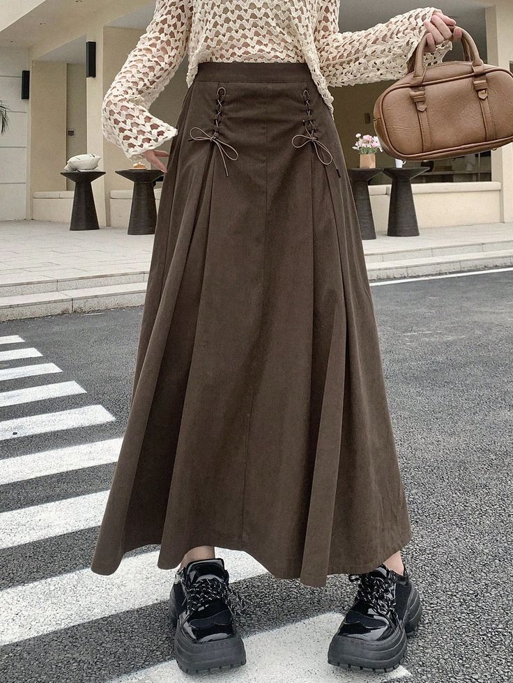 Women's Solid Color Midi Length Wrap Skirt Brown Casual   Polyester Plain Flared Non-Stretch  Women Clothing, size features are:Bust: ,Length: ,Sleeve Length: Brown Skirt Long Outfit, Long Cute Skirts, Brown Outfit Skirt, Brown Skirt Aesthetic, Midi Brown Skirt Outfit, Cheap Brown Long Skirt, Modern Tighnari, Long Brown Skirt Outfit Ideas, Comfy Skirt Outfits