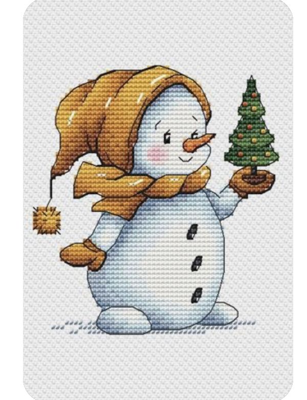 a cross stitch snowman holding a christmas tree