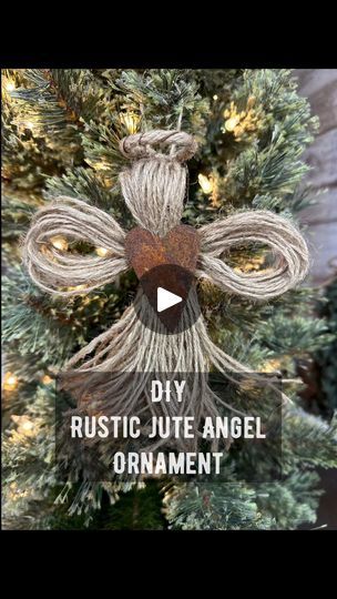 a christmas ornament hanging on a tree with the words diy rustic jute angel ornament