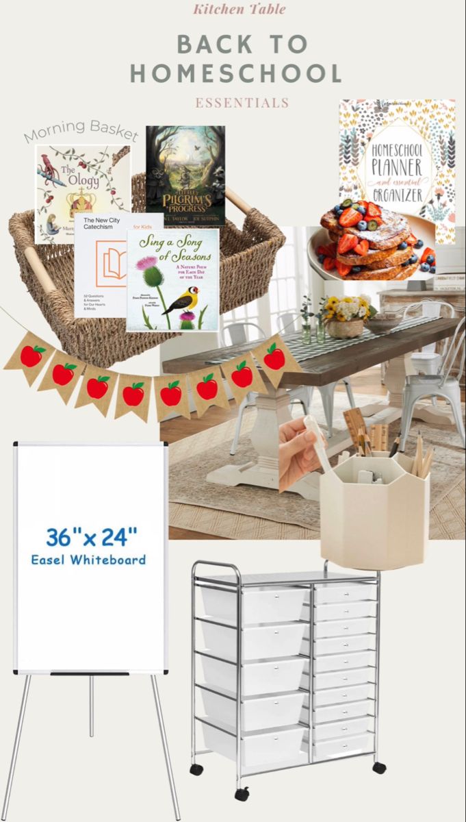 Homeschool essentials: Kitchen Table, Morning Basket, Books, Storage Bin, Dr Erase Homeschool Kitchen Table, Dining Room Homeschool, Homeschool Kitchen, School Supply Caddy, Theology Books, Seagrass Storage Baskets, Kids Singing, School Supplies Organization, Homeschool Life