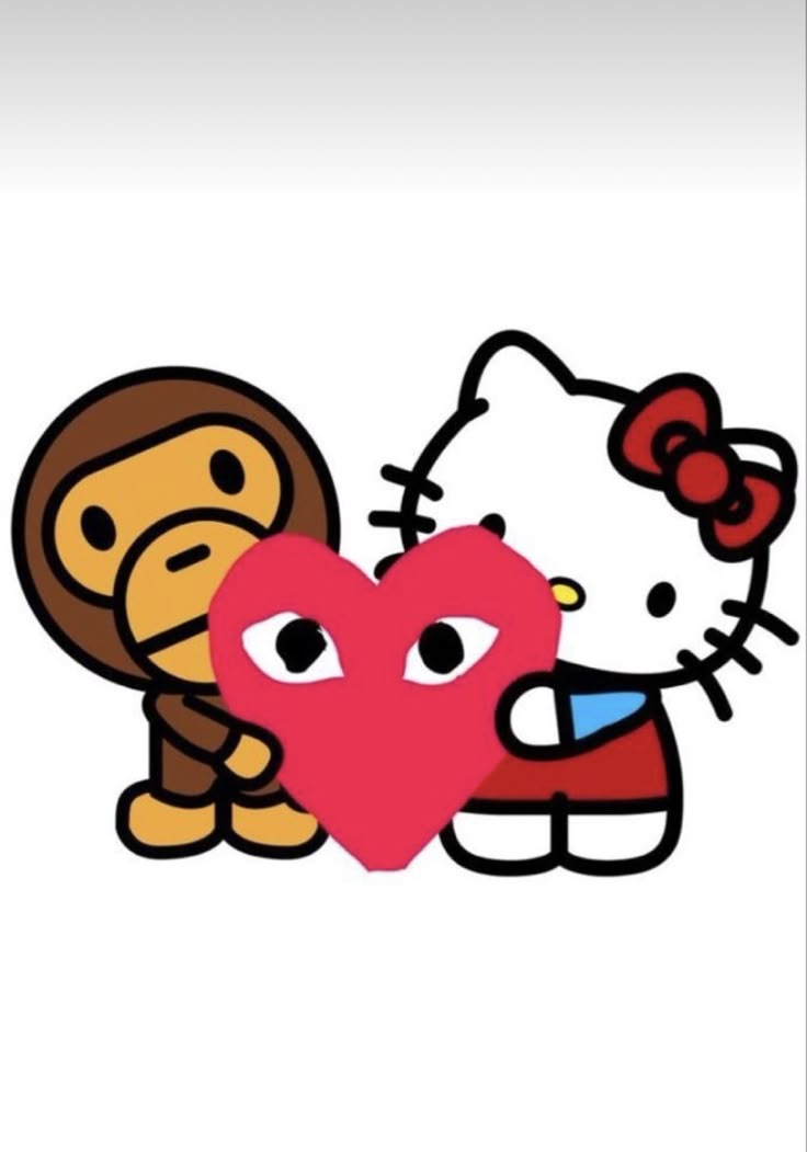 an image of hello kitty and teddy bear holding a heart shaped object in their hands