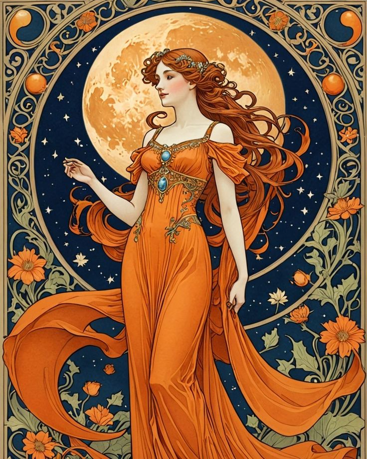 a woman in an orange dress standing next to a full moon with flowers on it