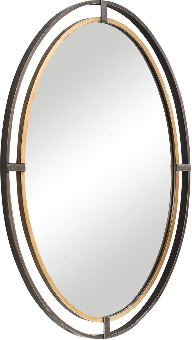 a round mirror with an iron frame and gold trim around the edges, on a white background