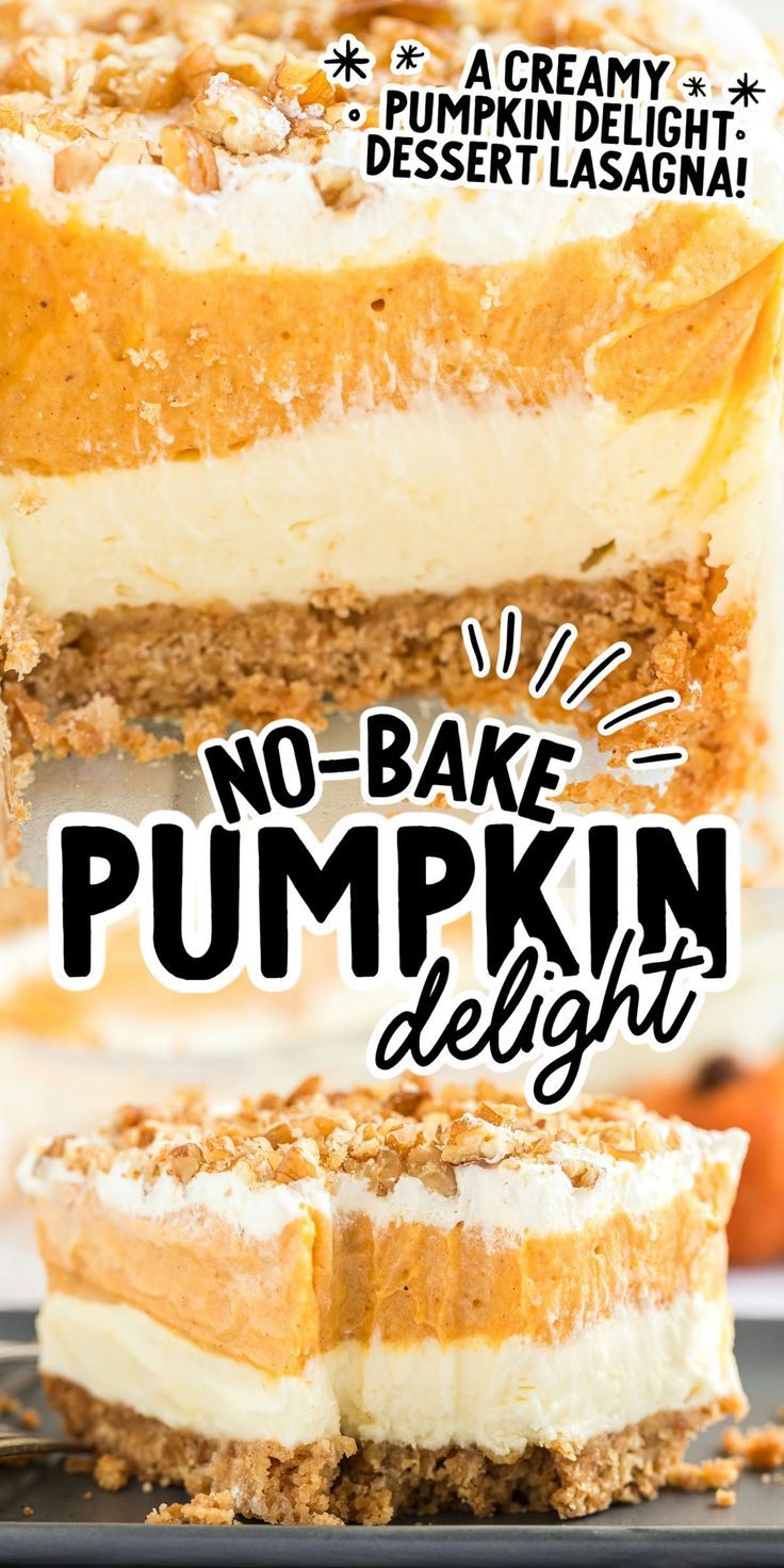 Pumpkin Delight Pumpkin Delight Dessert Recipe, Pumpkin Delight Dessert, Delight Dessert Recipe, Pumpkin Cream Cheese Bars, Layered Pumpkin Dessert, Pumpkin Spice Desserts, Whipped Cream Filling, Delight Dessert, Almond Pound Cakes