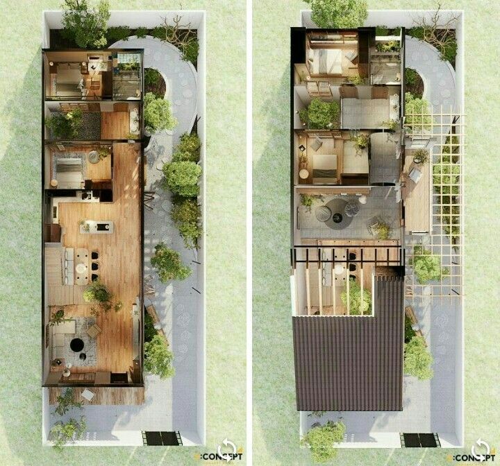 two views of the top and bottom floors of a house with trees on each floor