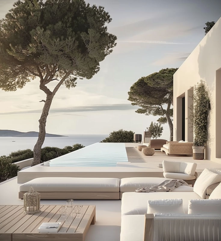 an outdoor living area with couches and tables next to the pool, overlooking the ocean