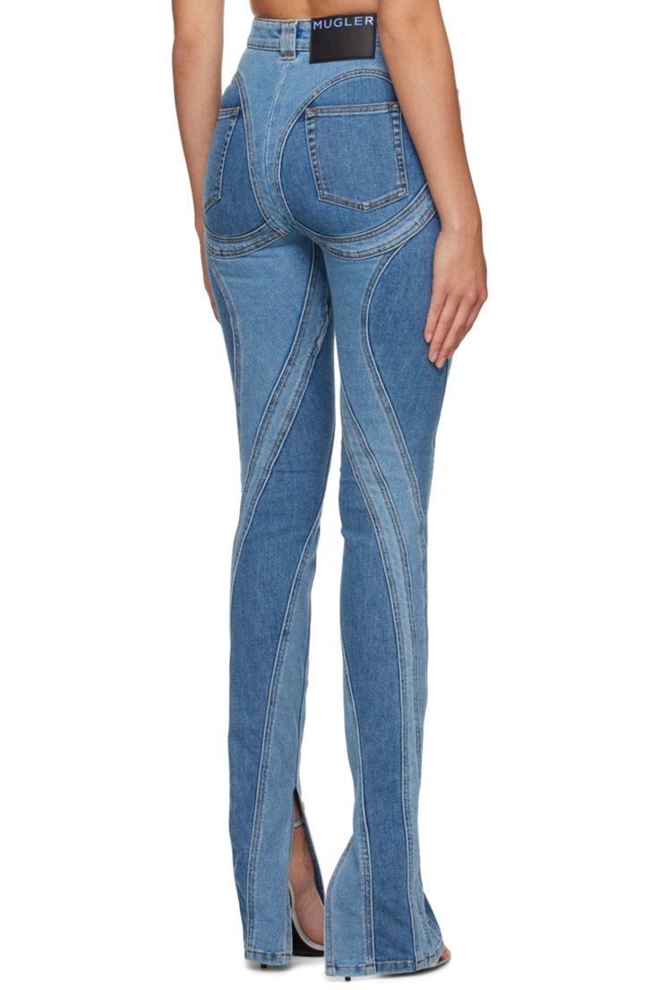 Blue Spiral Jeans by Mugler on Sale Fitted Denim Blue Jeans With Seam Detailing, Fitted Rigid Denim Jeans In Denim Blue, Modern Fitted Flare Jeans In Rigid Denim, Fitted Modern Flare Rigid Denim Jeans, Fitted Denim Blue Bottoms With Contrast Stitching, Fitted Denim Pants With Contrast Stitching, Fitted Jeans With Five Pockets In Rigid Denim, Fitted Bottoms With Contrast Stitching In Medium Wash, Fitted Flare Jeans With Tapered Leg In Rigid Denim