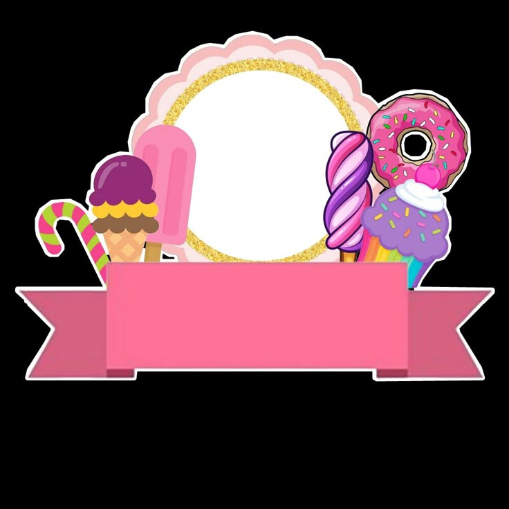 a pink banner with an ice cream cone, donut and lollipops