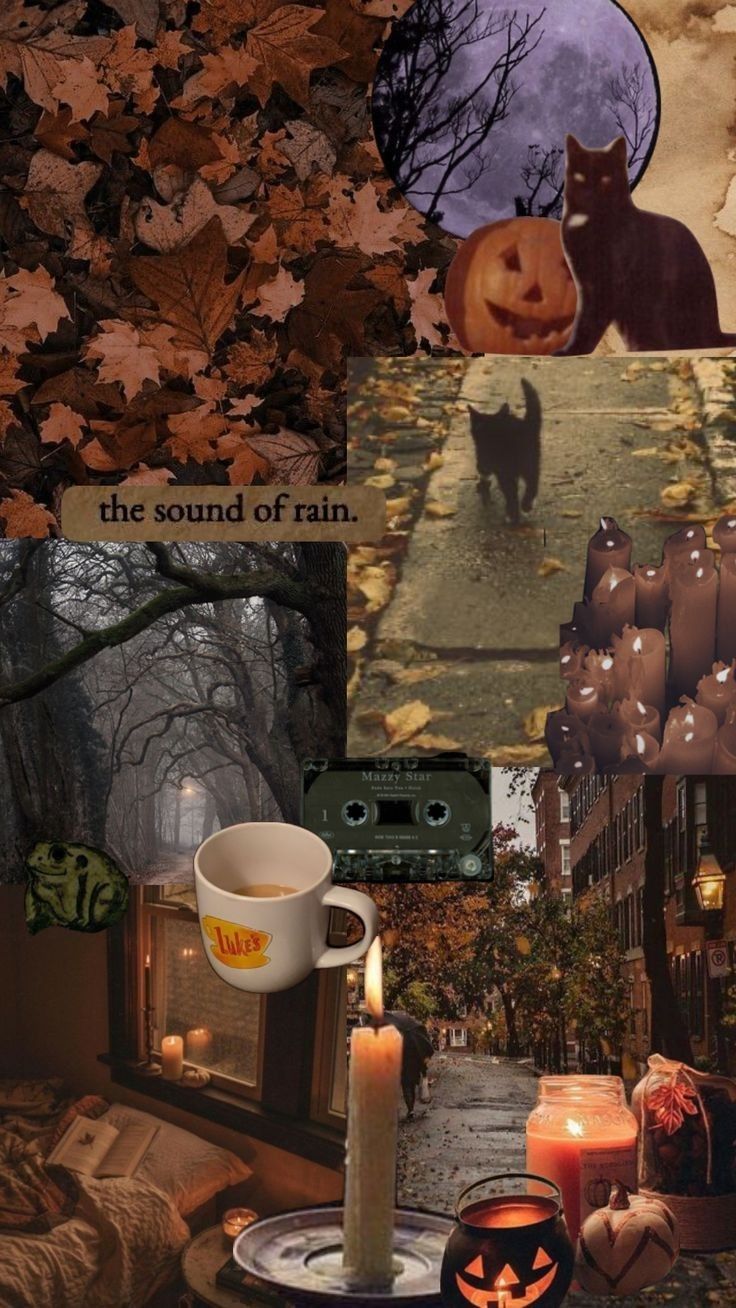 a collage with pumpkins, candles and pictures