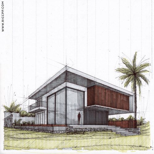 an architectural drawing of a house with palm trees in the foreground and water behind it