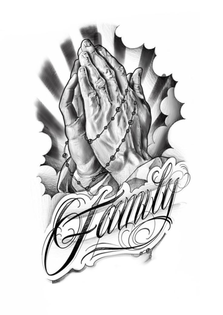 a tattoo design with the words family and praying hands