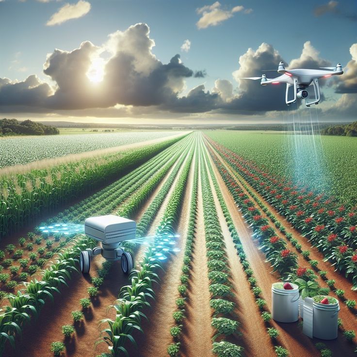 an artist's rendering of a farm field with crops being watered by a small airplane