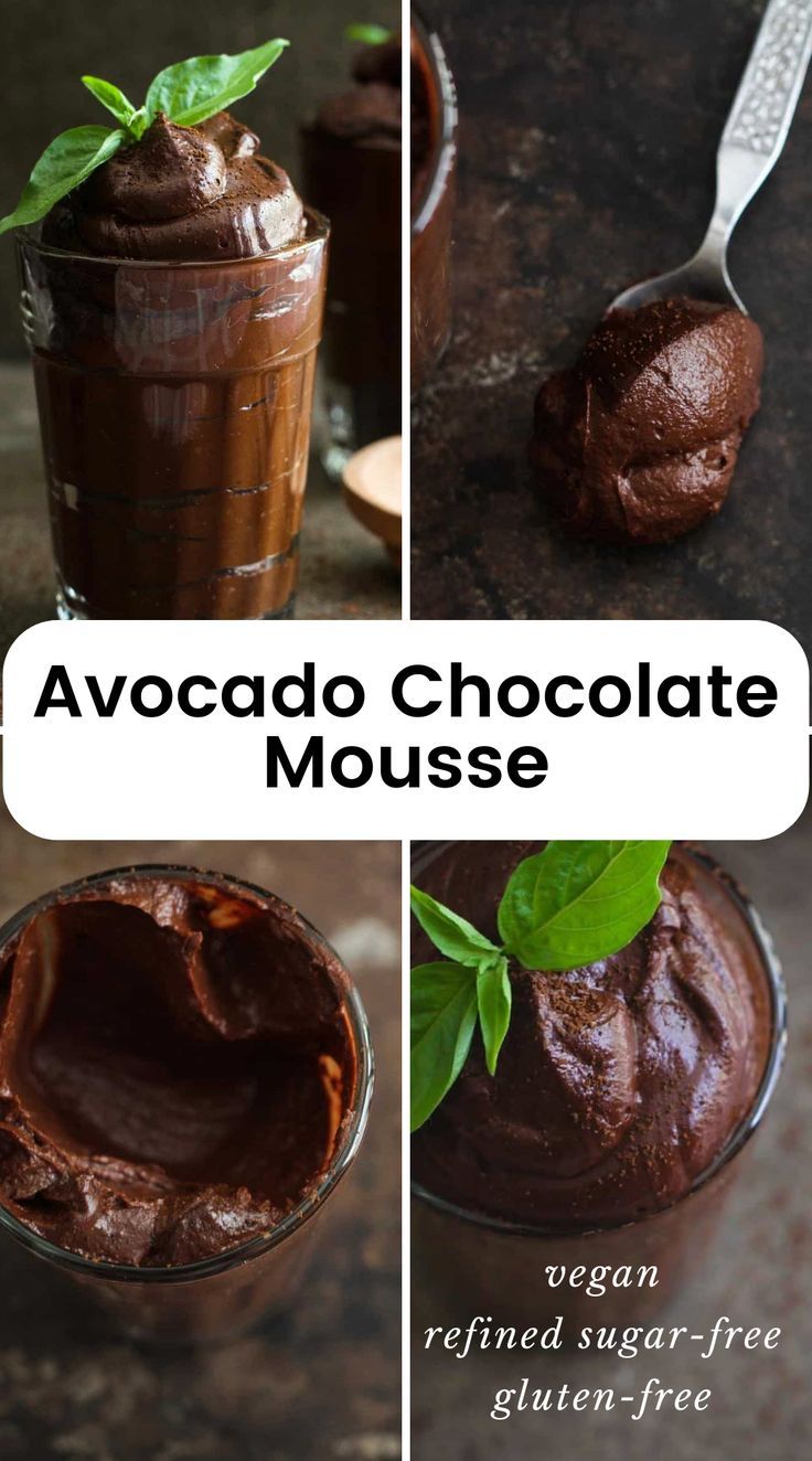 chocolate mousse with text overlay that reads, avocado chocolate mousse