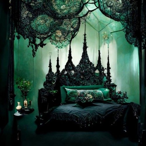 a bedroom with green walls and an ornate bed frame in the center, surrounded by lush foliage