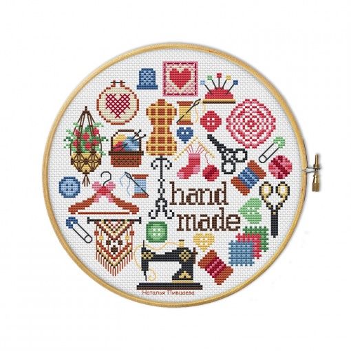 a cross stitch pattern with the words hand made on it and various sewing related items