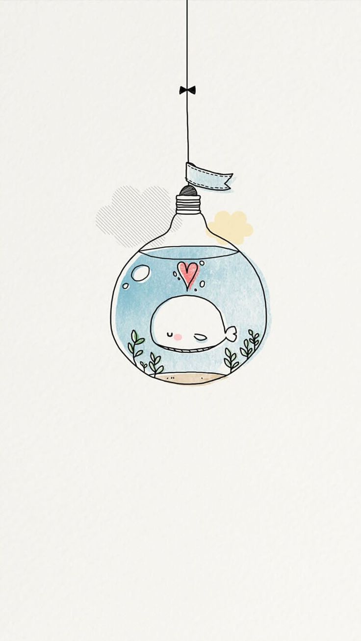 a drawing of a fish in a glass bowl hanging from a wire with a heart on it