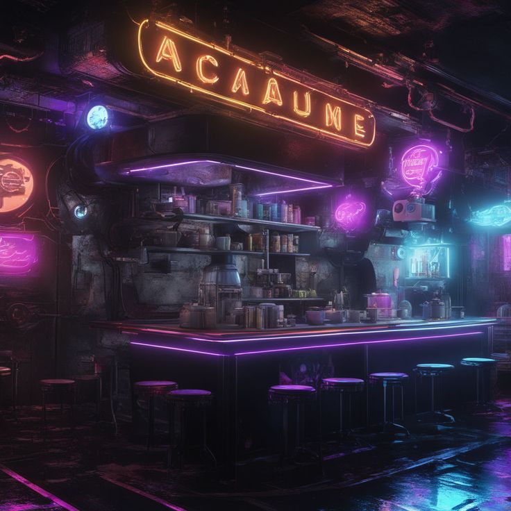 a dimly lit bar with neon lights and stools