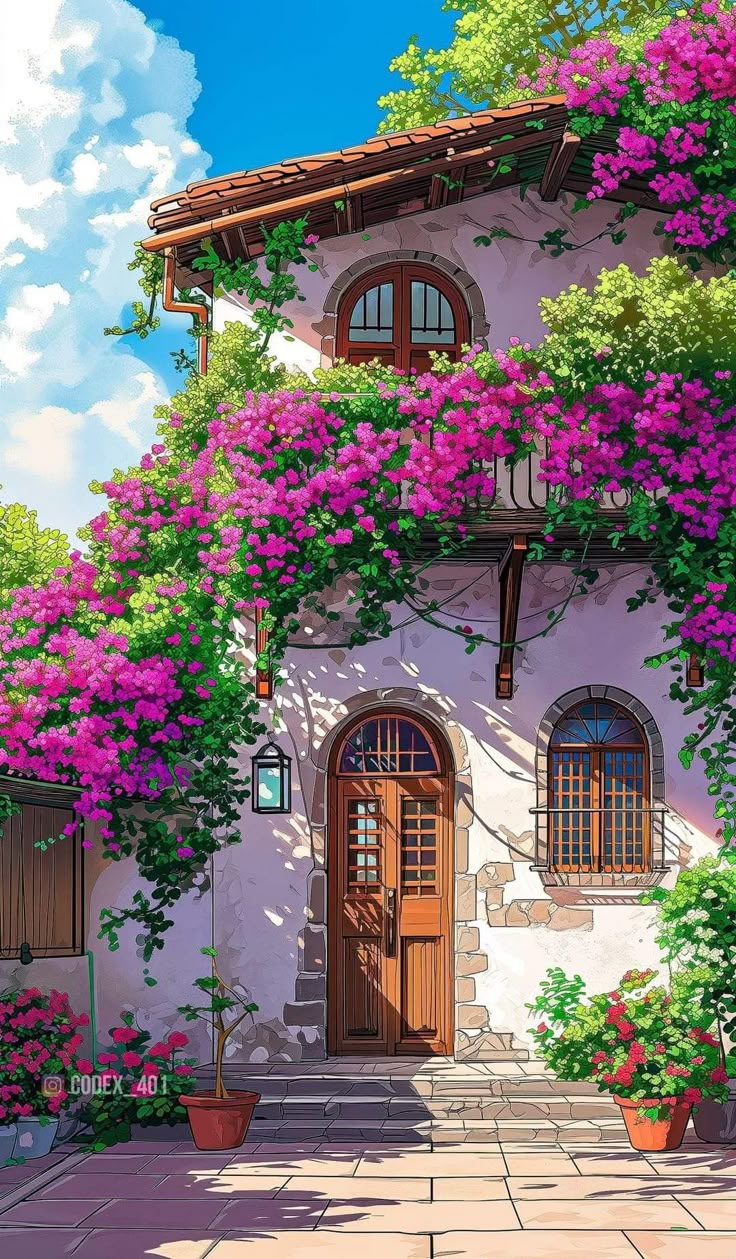 a painting of a house with pink flowers on it