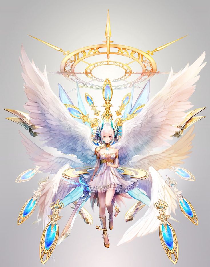 an animated image of a woman with wings and halos on her head, surrounded by jewels