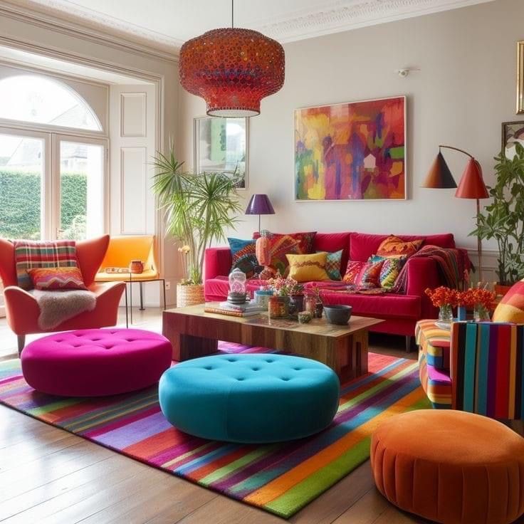 a colorful living room with lots of furniture and decor on the walls, including an ottoman