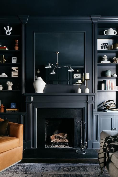 a living room filled with furniture and a fire place in front of a book shelf