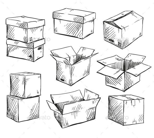 six different boxes drawn by hand on white paper