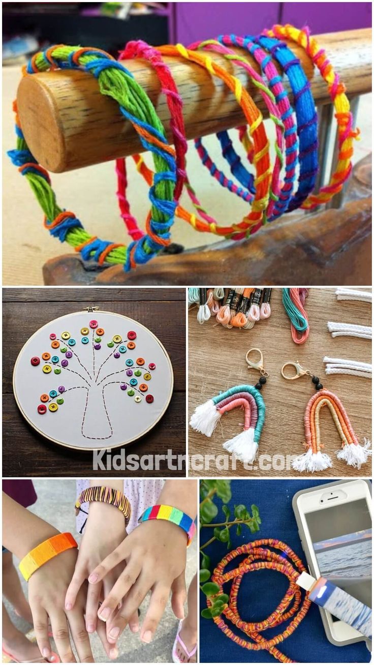 several pictures with different types of bracelets and cell phones on the table next to each other