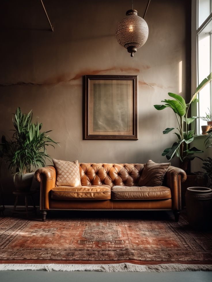 a living room with a couch, rug and potted plants