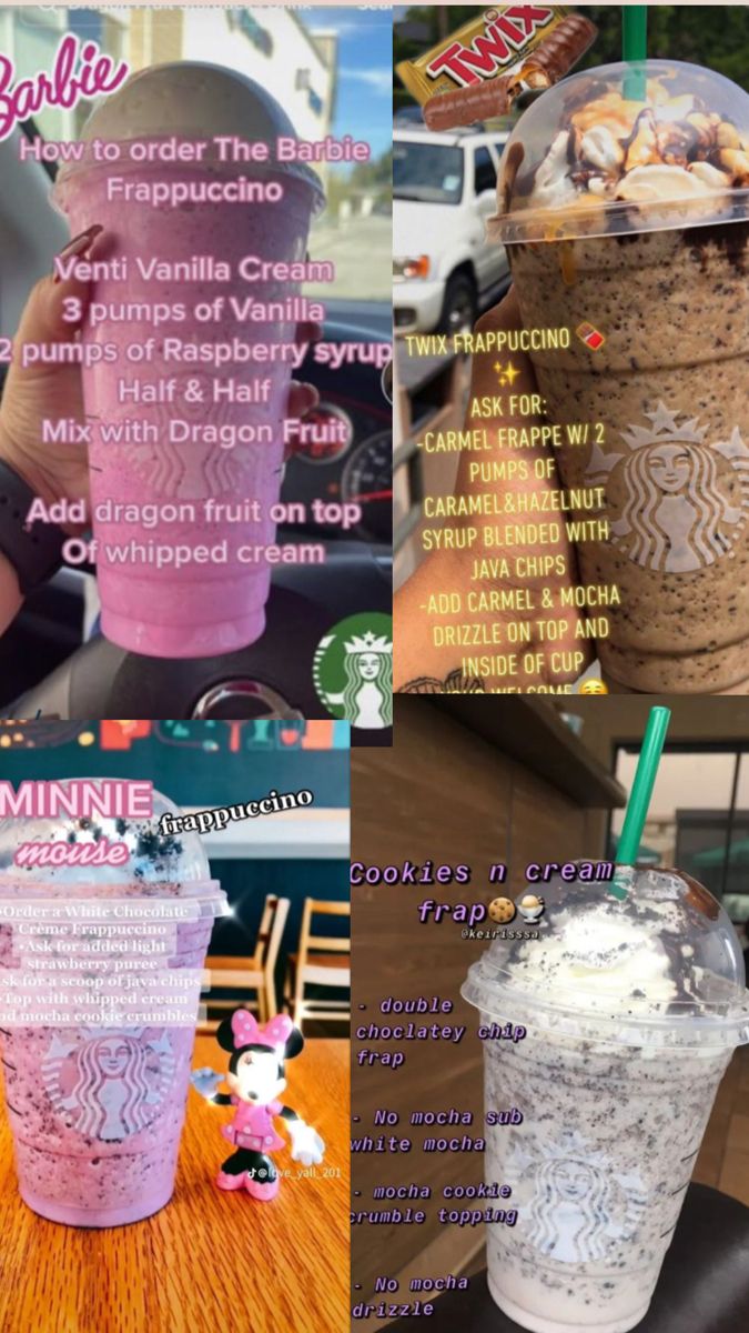 the menu for starbucks's frappuccino drink is shown in three different pictures