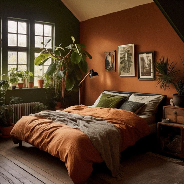 a bedroom with orange walls and wooden flooring, plants on the windows sill