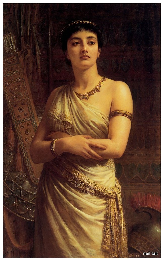 a painting of a woman in an ancient dress with her arms crossed and hands folded over her chest