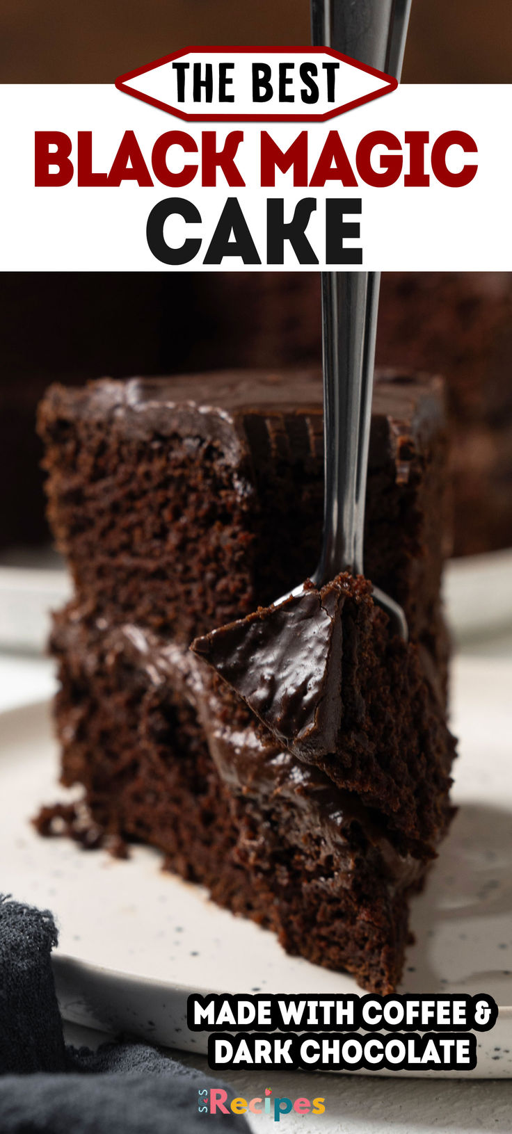 the best black magic cake made with coffee and dark chocolate frosting is ready to be eaten