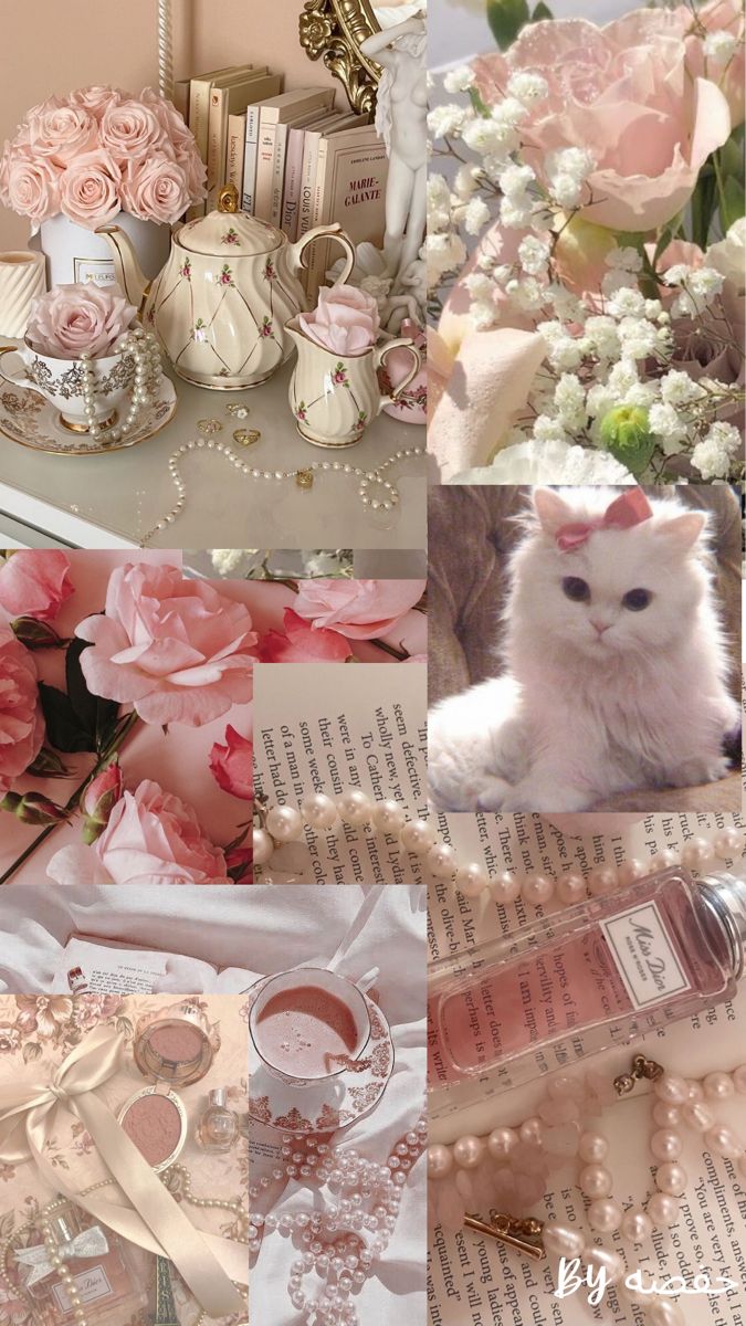 a collage of pink and white images with roses, pearls, perfume bottles, and other items