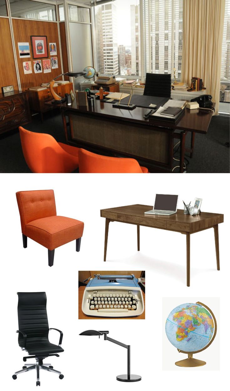 an office with orange chairs, a desk and a computer on top of the desk