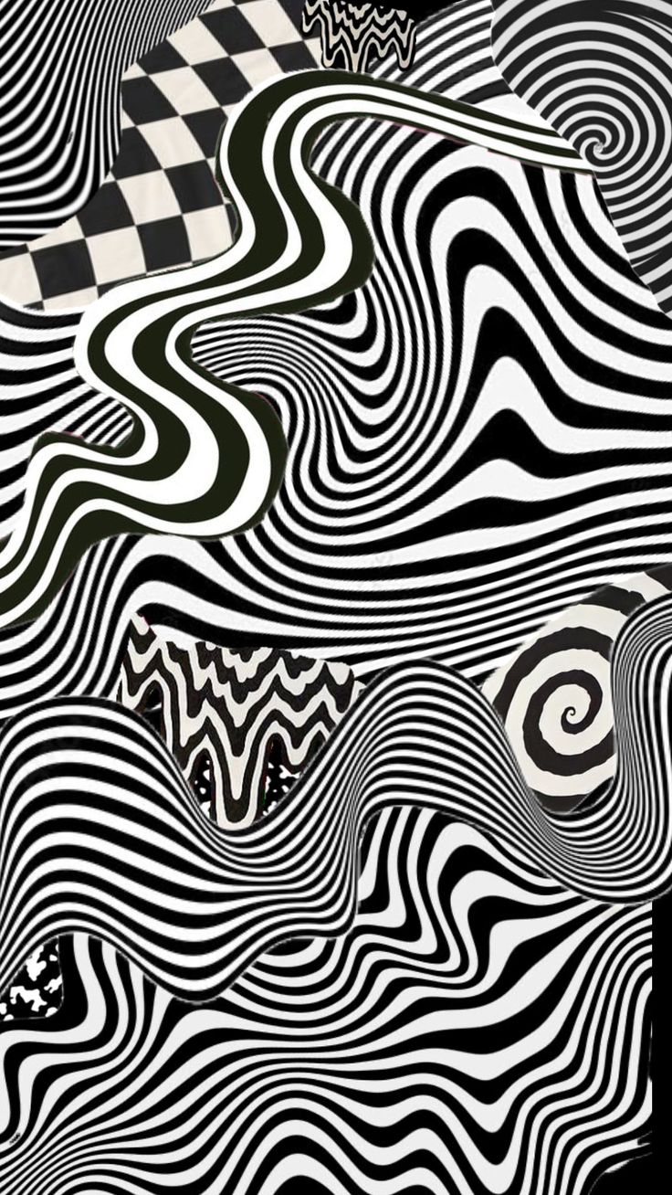 an abstract black and white painting with wavy lines in the center, on top of a checkerboard floor