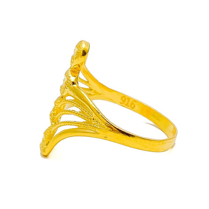 This ring stands out with its bold, ethereal design, crafted from 22k yellow gold and weighing 3.1 grams. Available in size 8 with options for resizing, it's perfect for those who desire a standout piece that combines majestic allure with a lightweight feel. Ideal for adding a touch of drama and elegance to any look, this ring is a statement piece that beautifully marries modern design with timeless gold luxury. Product Details Gold Purity(karat): 22k Gold Weight(grams): 3.1 Item Finish: Yellow Gold Ring Size: ﻿8﻿ Ring Sizing Available: Yes // Elegant Gold Diamond Ring For Ceremonial Occasions, Gold Filigree Open Ring, Elegant 22k Gold Ceremonial Rings, Elegant 22k Gold Engraved Ring For Formal Occasions, Elegant Gold Butterfly Ring For Formal Occasions, Elegant Ceremonial 22k Gold Rings, Gold Open Ring Filigree For Formal Occasions, Gold Open Ring With Unique Design, Gold Open Filigree Ring For Formal Occasions