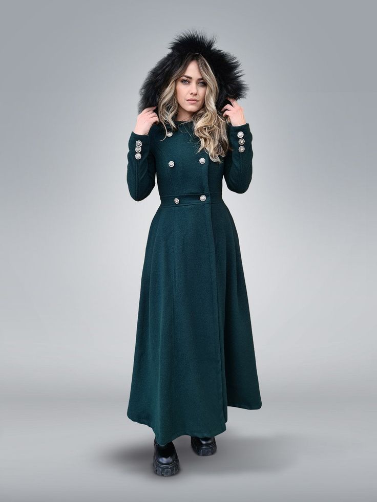 "Double-Breasted Women's Long Coat With Hood, Hooded Winter Maxi Coat Look at this gorgeous forest green winter coat, finished with a warm hood, this maxi wool coat will a good choice for your wardrobe. Made with a six-meter quality Wool and Cashmere blend, it keeps you warm, and the long silhouette gives it a nice dramatic look that makes a statement. A great add-on to your winter outerwear collection! !!Please keep in mind that forest green is a custom color. To get this color, you need to pur Green Winter Coat, Oc Clothes, Fit And Flare Coat, Winter Maxi, Winter Overcoat, Princess Coat, Full Length Coat, Coat With Hood, Cashmere Fabric