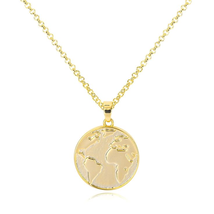 PRICES MAY VARY. 🗺️GOLD WORLD MAP NECKLACE🗺️Imagine a golden circular pendant, shimmering with enchanting radiance like a precious coin. The pendant is delicately engraved with the contours of the world map, with every detail vividly depicted, allowing you to feel every corner of the Earth. The textured background adds richness, making this necklace even more unique and eye-catching. 🗺️TRENDY WORLD PENDANT NECKLACE🗺️The gold world map necklace is suitable for various formal and casual occasi Gold World Map, Earth World, World Map Necklace, Gift For Traveler, Round Earth, Travel Necklace, Unique Symbols, Map Pendant, Coin Pendant Necklace