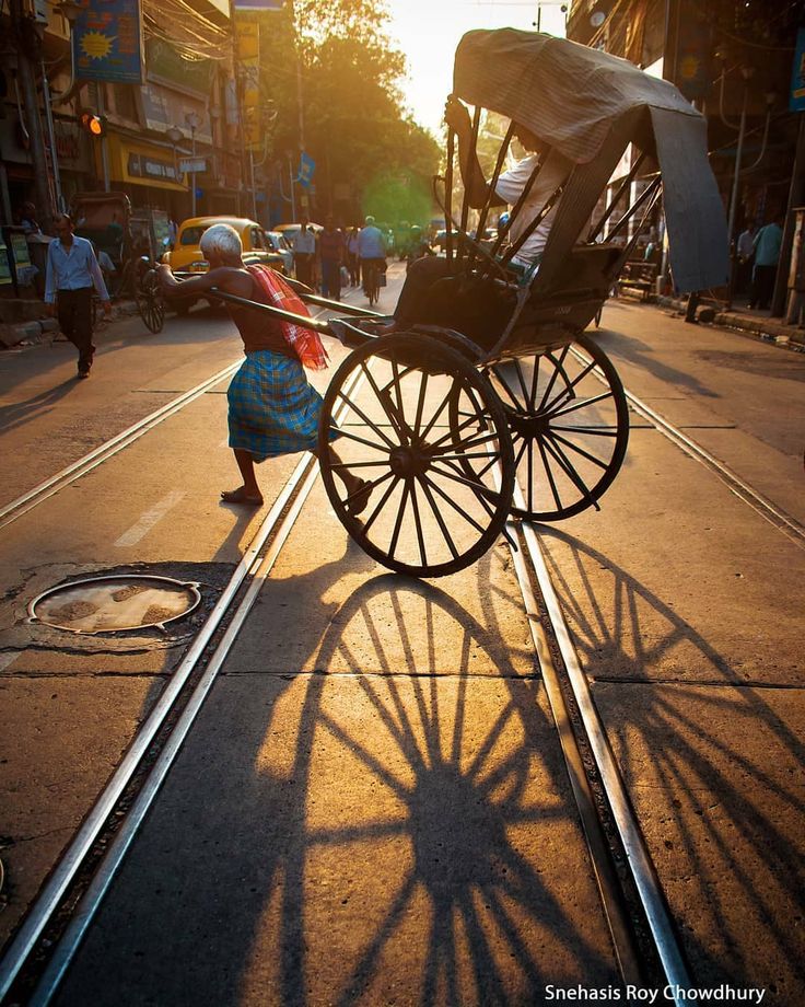 a person pushing a buggy down a street