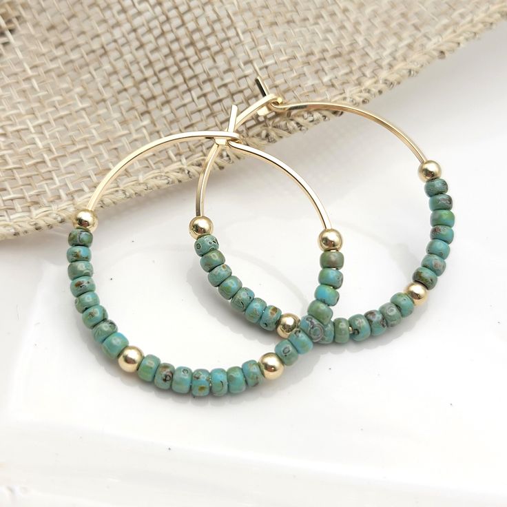 14k Gold Filled Boho Hoop Earrings With Turquoise Beads - Etsy Handmade Turquoise Hoop Earrings With Round Beads, Adjustable Turquoise Hoop Earrings With Colorful Beads, Turquoise Hoop Earrings With Round Beads, Everyday Turquoise Beaded Earrings, Handmade Turquoise Hoop Earrings As Gift, Turquoise Wire Wrapped Hoop Earrings Gift, Handmade Turquoise Hoop Earrings, Turquoise Nickel-free Small Hoop Beaded Earrings, Turquoise Hoop Beaded Earrings For Jewelry Making