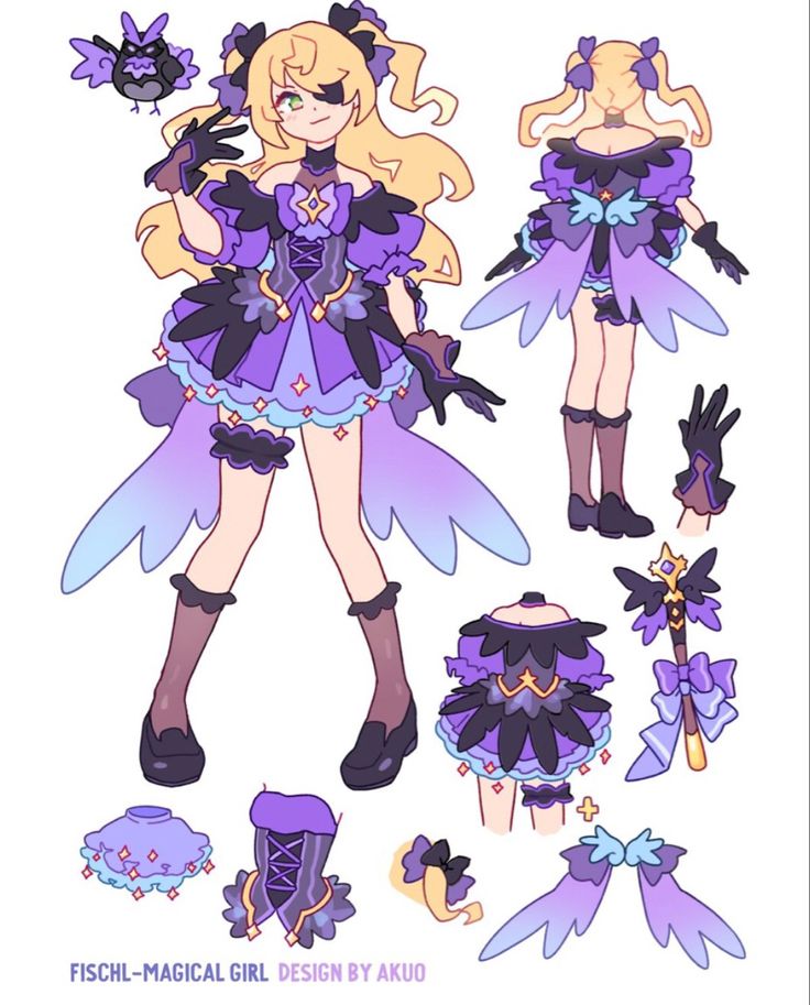 the paper doll is dressed in purple and has black wings, boots, and headbands