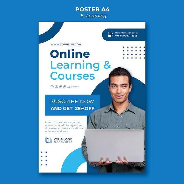 a poster for online learning and courses with a man holding a laptop in his hands