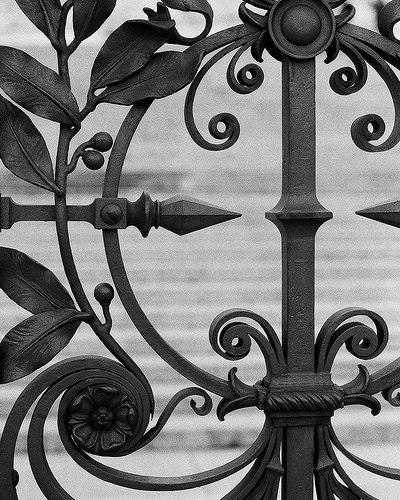 a black and white photo of a wrought iron fence with leaves on it, in front of a body of water