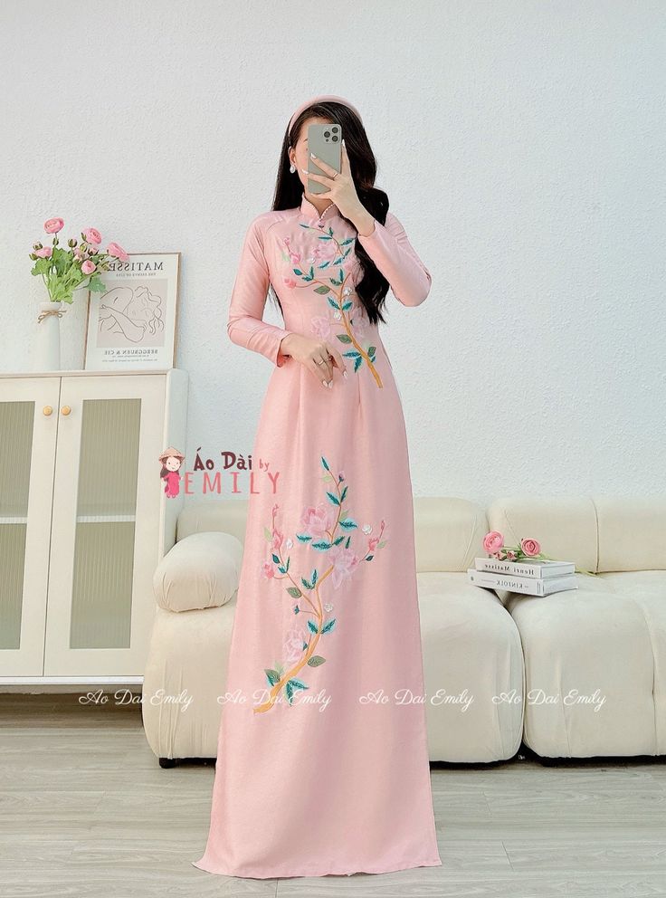 🌻 Stretchy level: 2/10 🌻Material: Lụa vân gỗ 🌻 The measurement of this ao dai (long dress) is in Vietnamese size (American size tends to be bigger for the same size). Please LOOK AT THE SIZE CHART CAREFULLY BEFORE ORDERING. There might have some chalk writings on the fabric due to making process. These marks can be washed away easily. 🌻No returns or exchanges Buyer can contact seller about any issues with an order. 🌸 Follow us Facebook/aodaiemily www.aodaiemily.com 💜 Thank you very much!💜 Elegant Pink Floral Embroidered Maxi Dress, Elegant Pink Maxi Dress With Floral Embroidery, Wedding Maxi Dress With Floral Applique, Elegant Pink Ao Dai With Floral Embroidery, Pink Floral Embroidery Floor-length Maxi Dress, Spring Wedding Maxi Dress With Floral Embroidery, Fitted Floral Applique Maxi Dress For Wedding, Spring Banquet Long Maxi Dress, Spring Ceremony Dress With Floral Embroidery