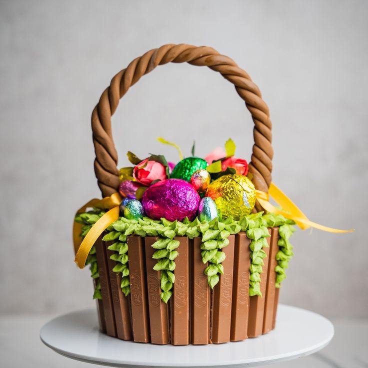 an easter basket cake with chocolate eggs and colorful candies