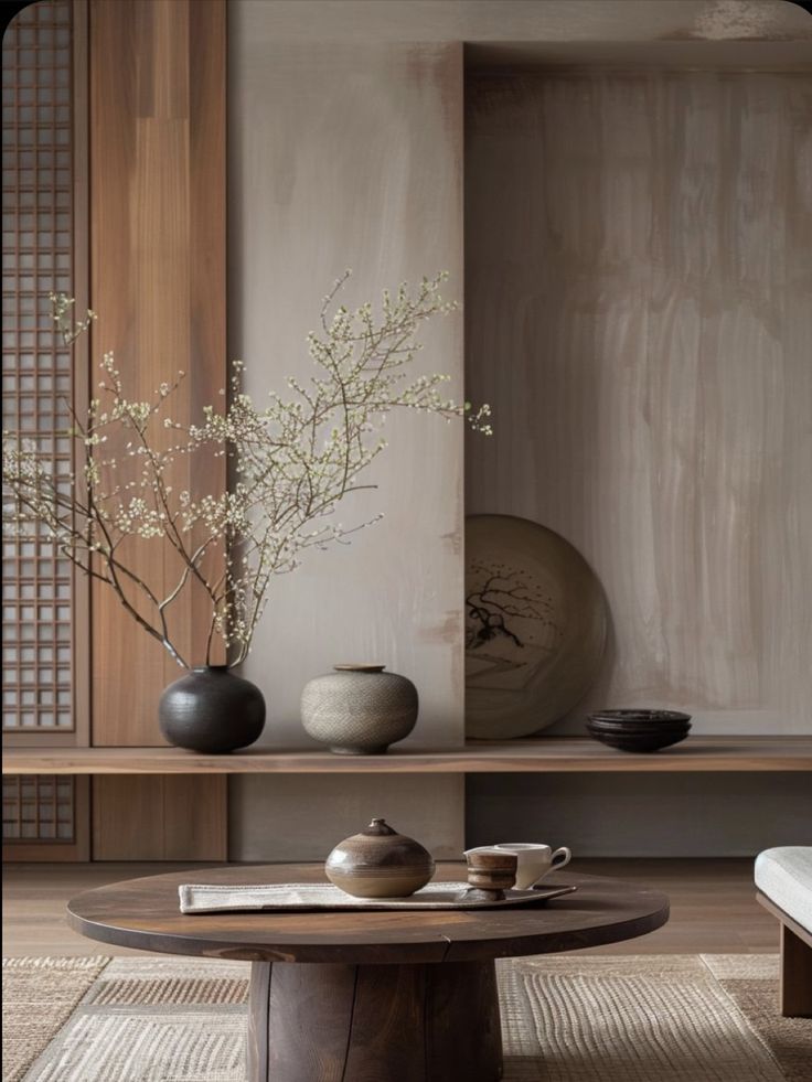 a table with vases on top of it in front of a wall and shelf