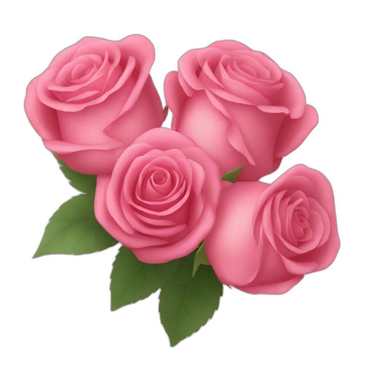 three pink roses with green leaves on a white background