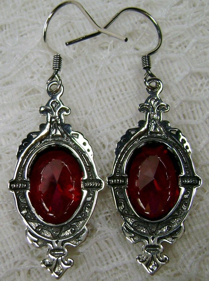 Red Garnet Cubic Zirconia (CZ) Earrings, Sterling Silver Filigree, Victorian Jewelry, Pin Design P18 Red Classic Jewelry With Matching Earrings, Classic Red Jewelry With Matching Earrings, Classic Red Nickel-free Earrings, Ornate Red Drop Earrings, Classic Red Sterling Silver Earrings, Elegant Garnet Earrings, Elegant Ruby Earrings Nickel-free, Ornate Red Sterling Silver Earrings, Formal Dangle Garnet Earrings