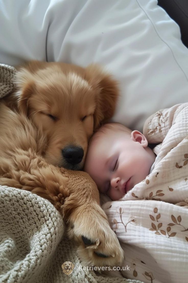 a baby sleeping next to a brown dog